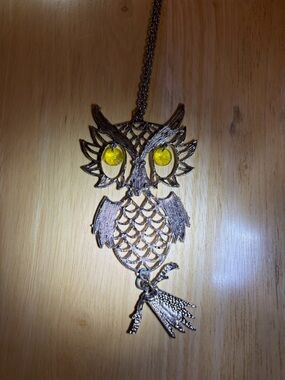 Vintage-Inspired Owl Pendant Necklace with Yellow Gem Eyes